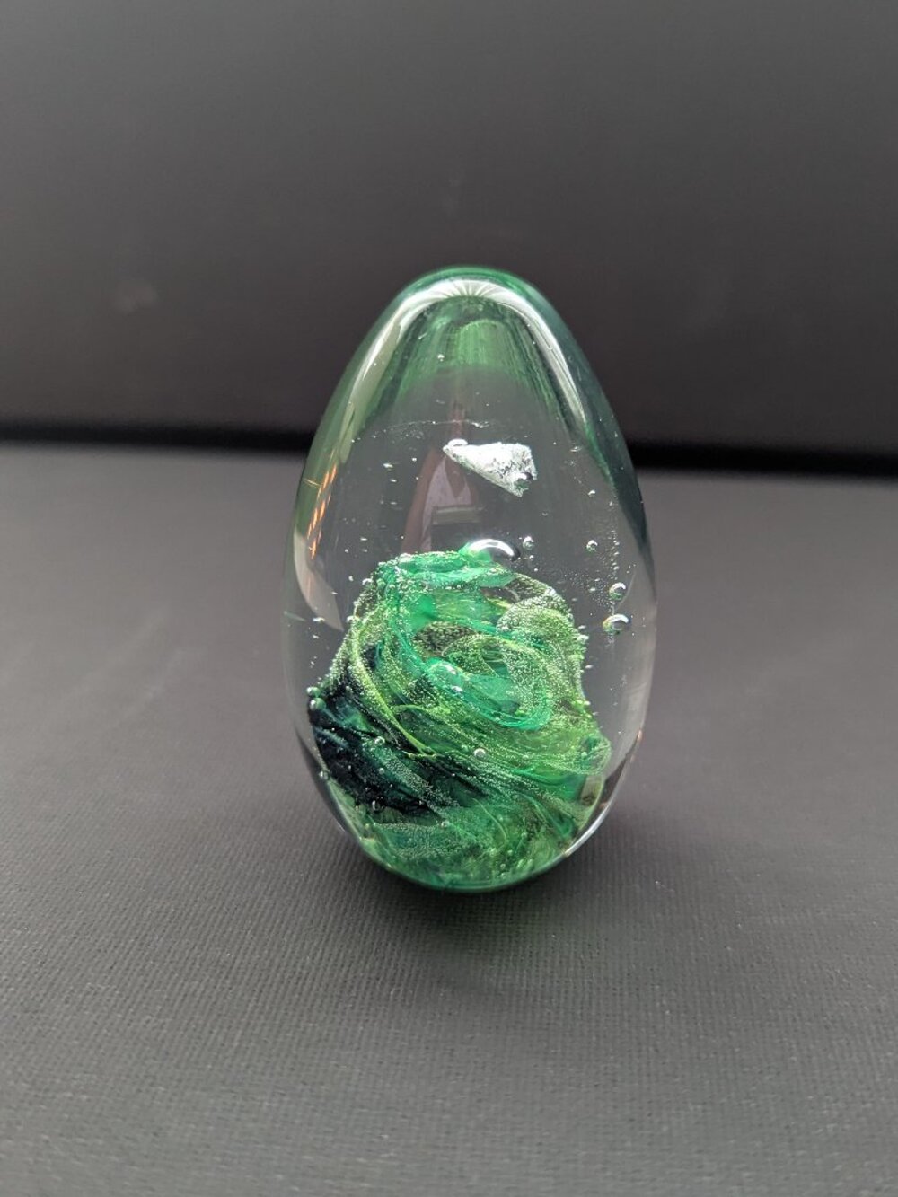 Kerry Glass Egg Shape Paperweight Emermald Green Swirl